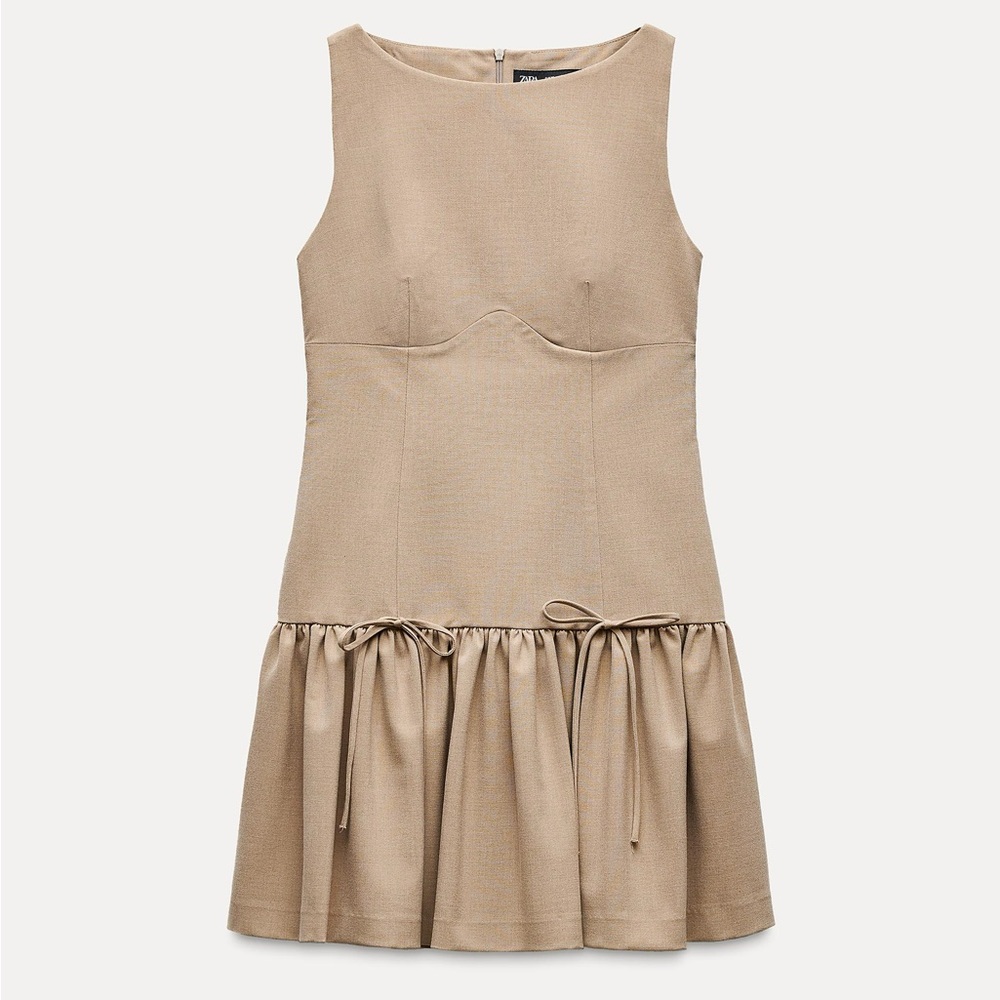 Chic Tan Sleeveless Dress with Bow Details